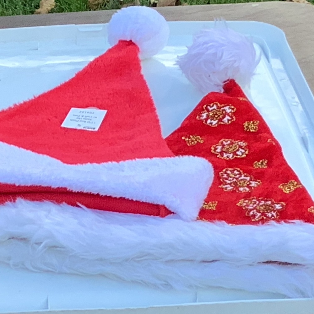 Holiday Santa hats 2+1 bonus hat and medium plush stocking NEW